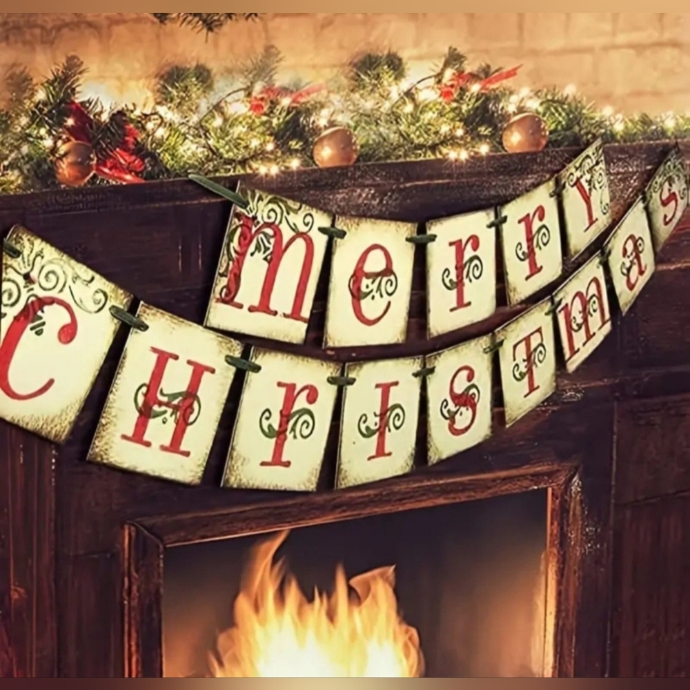 New, Merry Christmas banner retro vintage holiday home decor